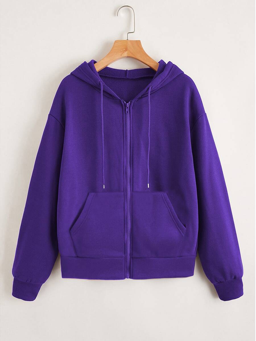 SHEIN Unity Zip Up Drop Shoulder Drawstring Thermal Hoodie - Violet Purple - View 1
