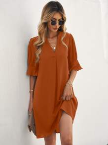 SHEIN Clasi Notched Neck Flounce Sleeve Tunic Dress - Brown - View 1