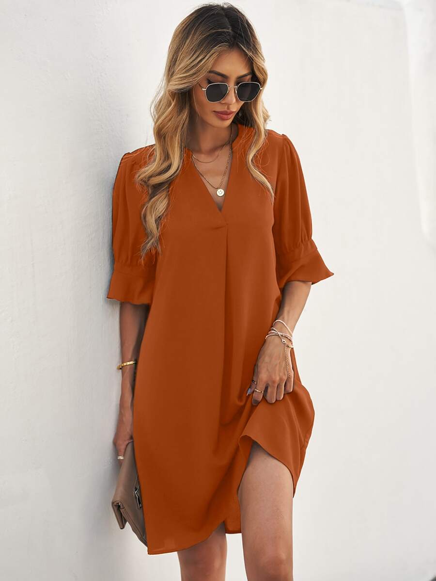 SHEIN Clasi Notched Neck Flounce Sleeve Tunic Dress - Brown - View 1
