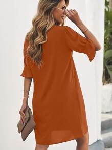 SHEIN Clasi Notched Neck Flounce Sleeve Tunic Dress - Brown - View 2