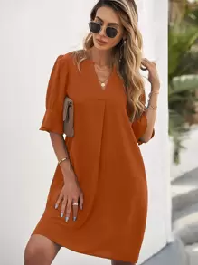 SHEIN Clasi Notched Neck Flounce Sleeve Tunic Dress - Brown - View 3