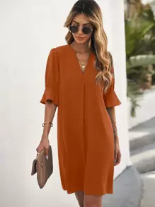 SHEIN Clasi Notched Neck Flounce Sleeve Tunic Dress - Brown - View 4