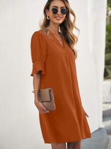 SHEIN Clasi Notched Neck Flounce Sleeve Tunic Dress - Brown - View 5