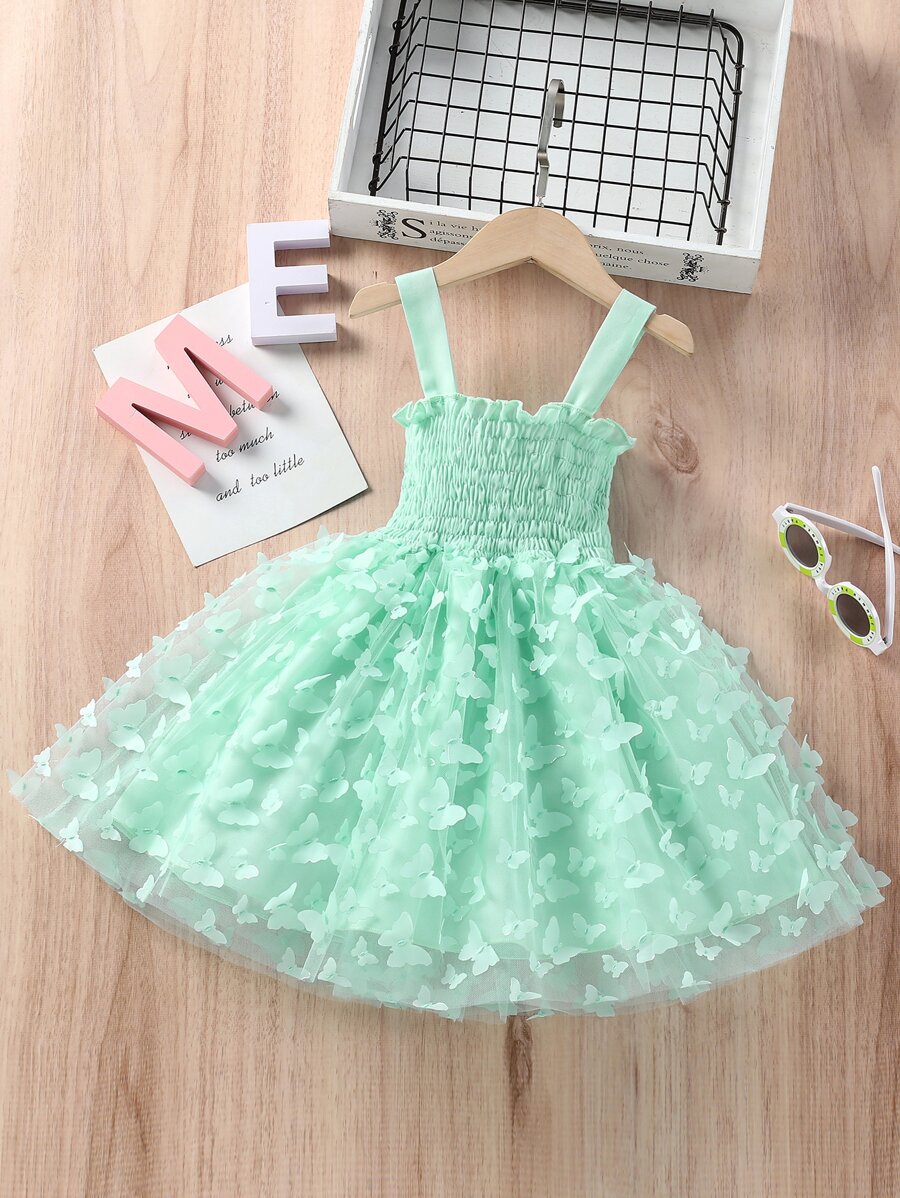 Niñas Vestido de tirantes con fruncido ribete con mariposa aplique - verde menta - Ver 1