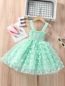 Niñas Vestido de tirantes con fruncido ribete con mariposa aplique - verde menta - Ver 2