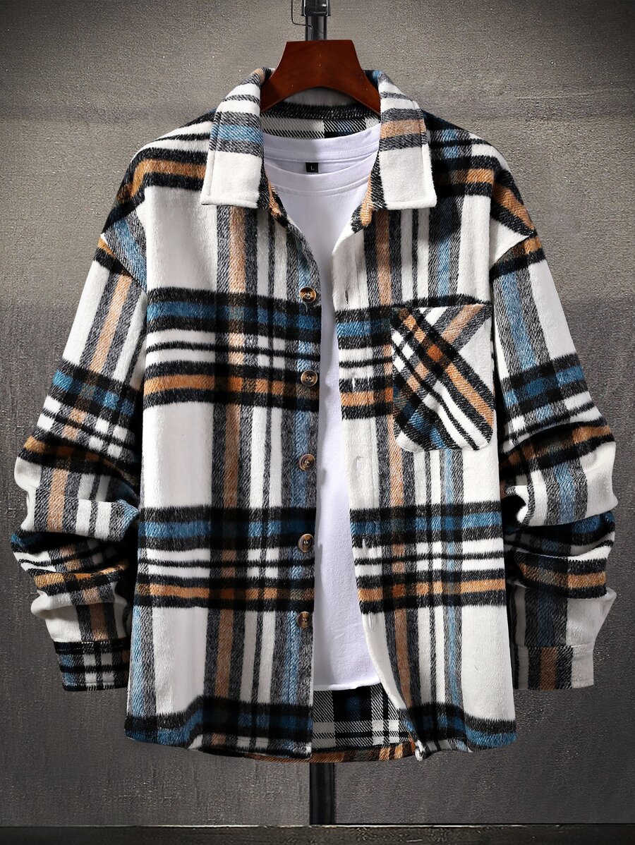 Manfinity Homme Men Plaid Print Drop Shoulder Overcoat Without Tee, Going Out Casual Overcoat, For Friends, Husband, Boyfriend Gifts - Multicolor - View 1