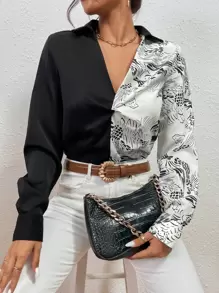 Chiquease 圖案印花前扭結雙色襯衫 - 黑與白 - 查看 1