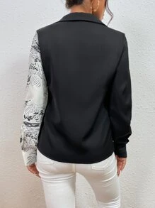 Chiquease 圖案印花前扭結雙色襯衫 - 黑與白 - 查看 2