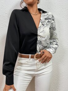 Chiquease 圖案印花前扭結雙色襯衫 - 黑與白 - 查看 3