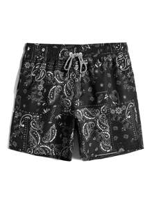 Manfinity Swimmode Hombres Shorts de natación con estampado de pañuelo con paisley de cintura con cordón - Blanco y Negro - Ver 5
