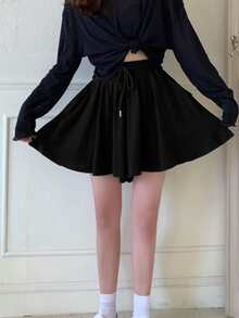 纯色抽绳腰阔腿短裤，休闲黑色夏季款 - 黑色 - 查看 3