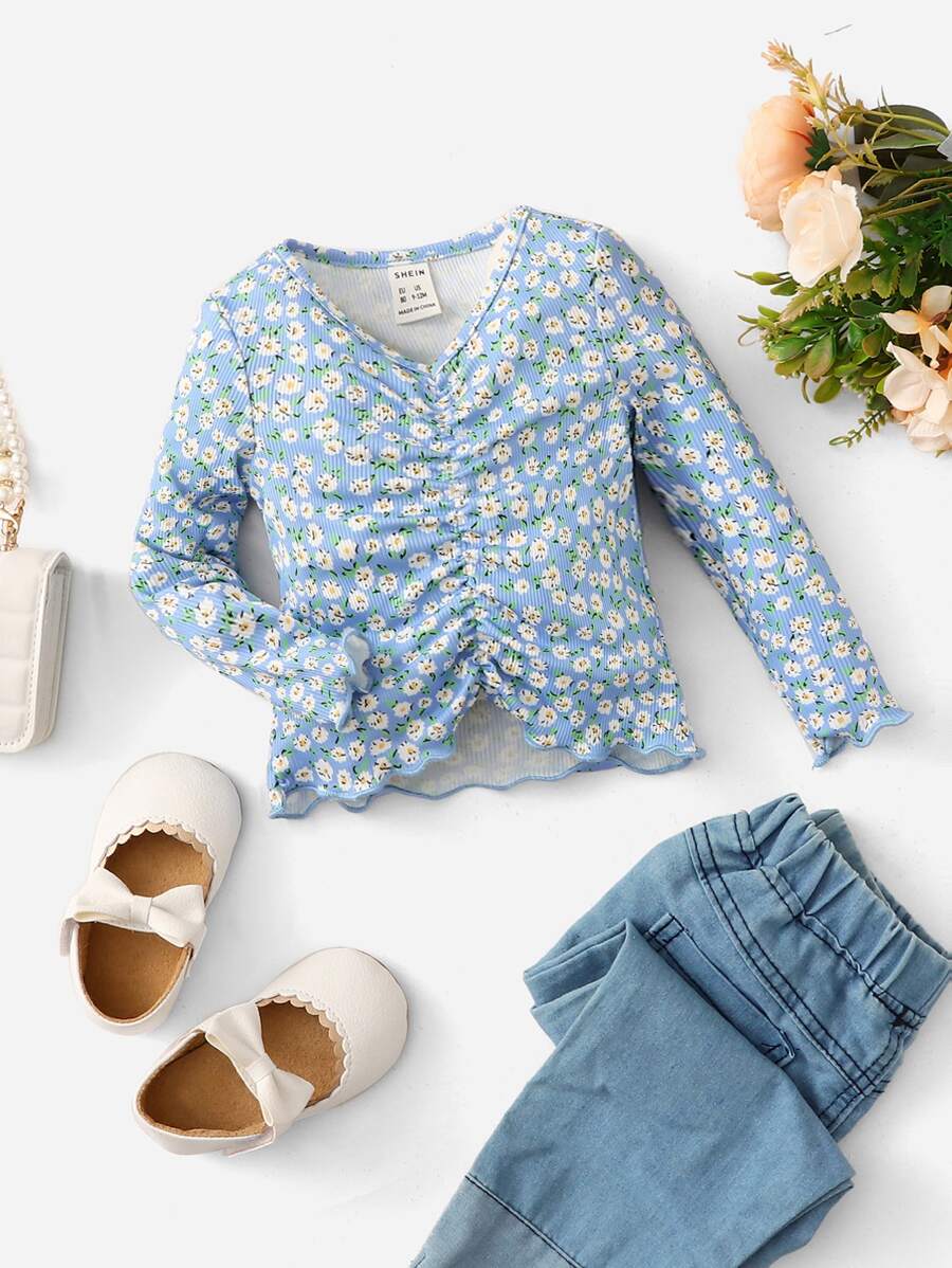 SHEIN Baby Ditsy Floral Print Ruched Front Top - Blue and White - View 1