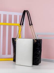 衍縫鏈條肩帶托特包 - 黑色 - 查看 4