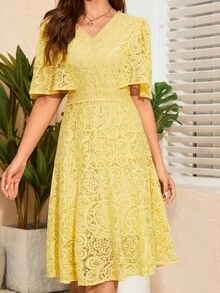 Butterfly Sleeve Lace A-line Dress - Yellow - View 4