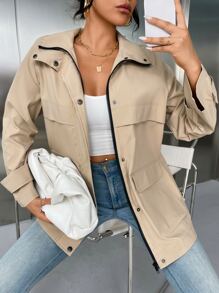 SHEIN Unity 插肩袖拉鏈開襟按扣外套 - 杏色 - 查看 3