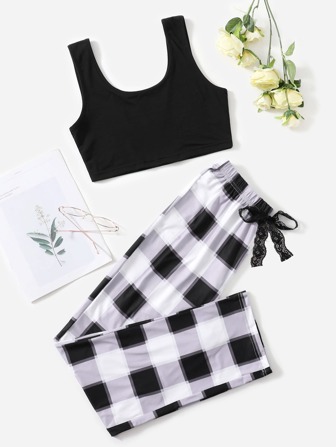 Conjunto de pijama con camiseta de tirantes y pantalón con detalle de lazo a cuadros búfalo