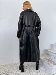 SHEIN Privé Plus Lapel Collar Belted PU Leather Trench Coat In Fall/Winter - Black - View 2