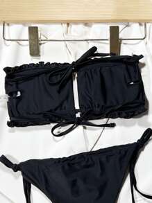 SHEIN Swim Ruched Bust Frill Bandeau Bikini Top,Summer Beach - Black - View 2