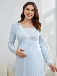Maternity Contrast Lace Nursing Nightdress - Baby Blue - View 4