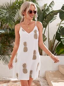 SHEIN VCAY Double V-neck Pineapple Print Cami Dress - White - View 2