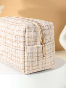 1 Túi đựng đồ trang điểm hình vuông họa tiết kẻ caro, Hộp đựng đồ trang điểm, Quà tặng cho phụ nữ, Quà tặng Giáng sinh, Ý tưởng quà tặng cho phụ nữ - Màu be - Xem 3