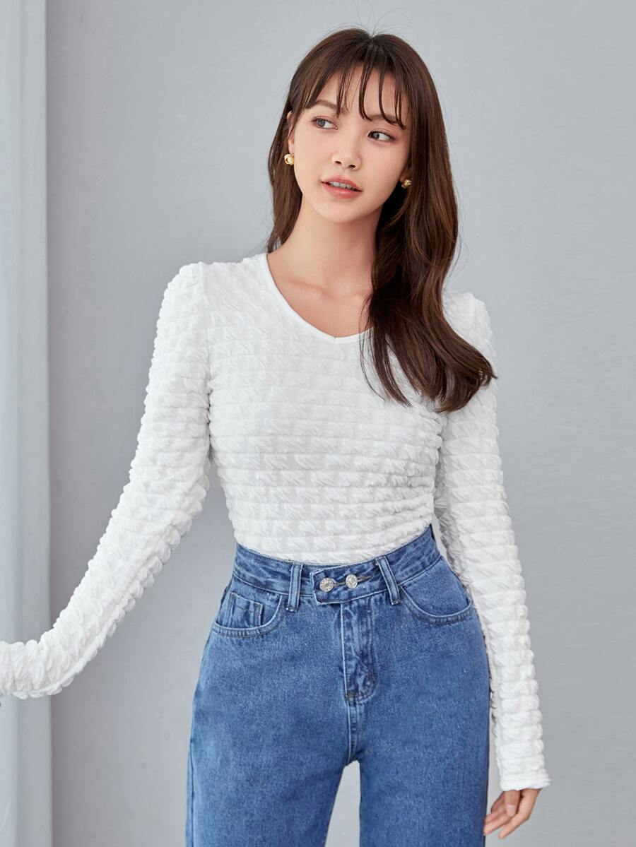 Solid V Neck Textured Tee - White - View 1