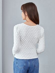 Solid V Neck Textured Tee - White - View 2