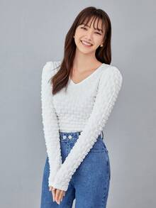 Solid V Neck Textured Tee - White - View 3