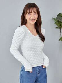 Solid V Neck Textured Tee - White - View 5