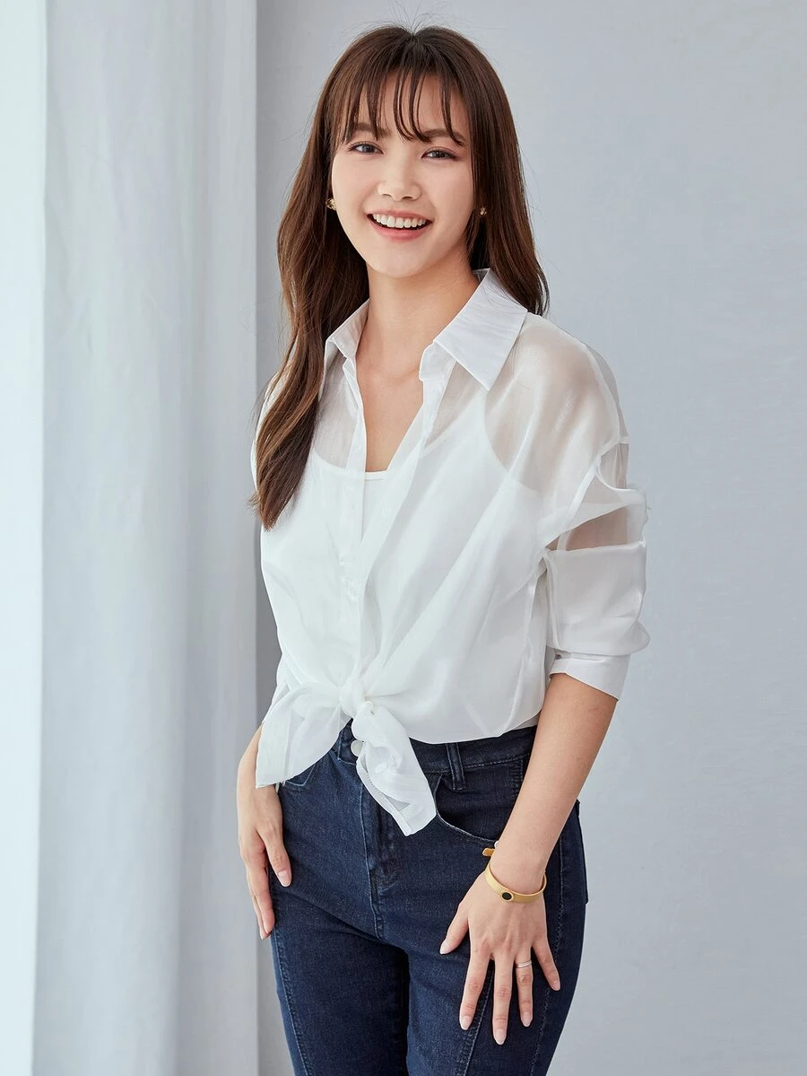 Solid Drop Shoulder Oversized Shirt - White - View 1