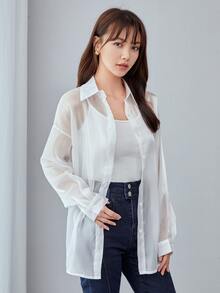Solid Drop Shoulder Oversized Shirt - White - View 3