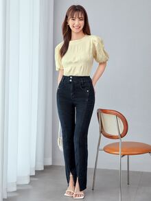 Áo sơ mi nữ Nút màu trơn Giải trí - Màu be - Xem 5