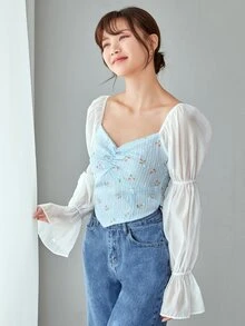 Floral Print Contrast Flounce Sleeve Shirred Blouse - Blue and White - View 1