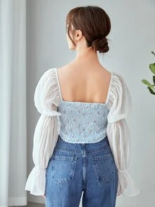 Floral Print Contrast Flounce Sleeve Shirred Blouse - Blue and White - View 2