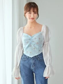Floral Print Contrast Flounce Sleeve Shirred Blouse - Blue and White - View 4