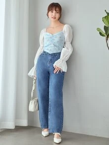 Floral Print Contrast Flounce Sleeve Shirred Blouse - Blue and White - View 5