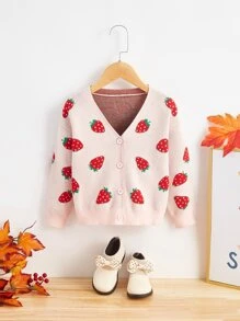 SHEIN Toddler Girls Strawberry Pattern Drop Shoulder Cardigan - Coral Pink - View 1
