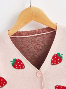 SHEIN Toddler Girls Strawberry Pattern Drop Shoulder Cardigan - Coral Pink - View 3