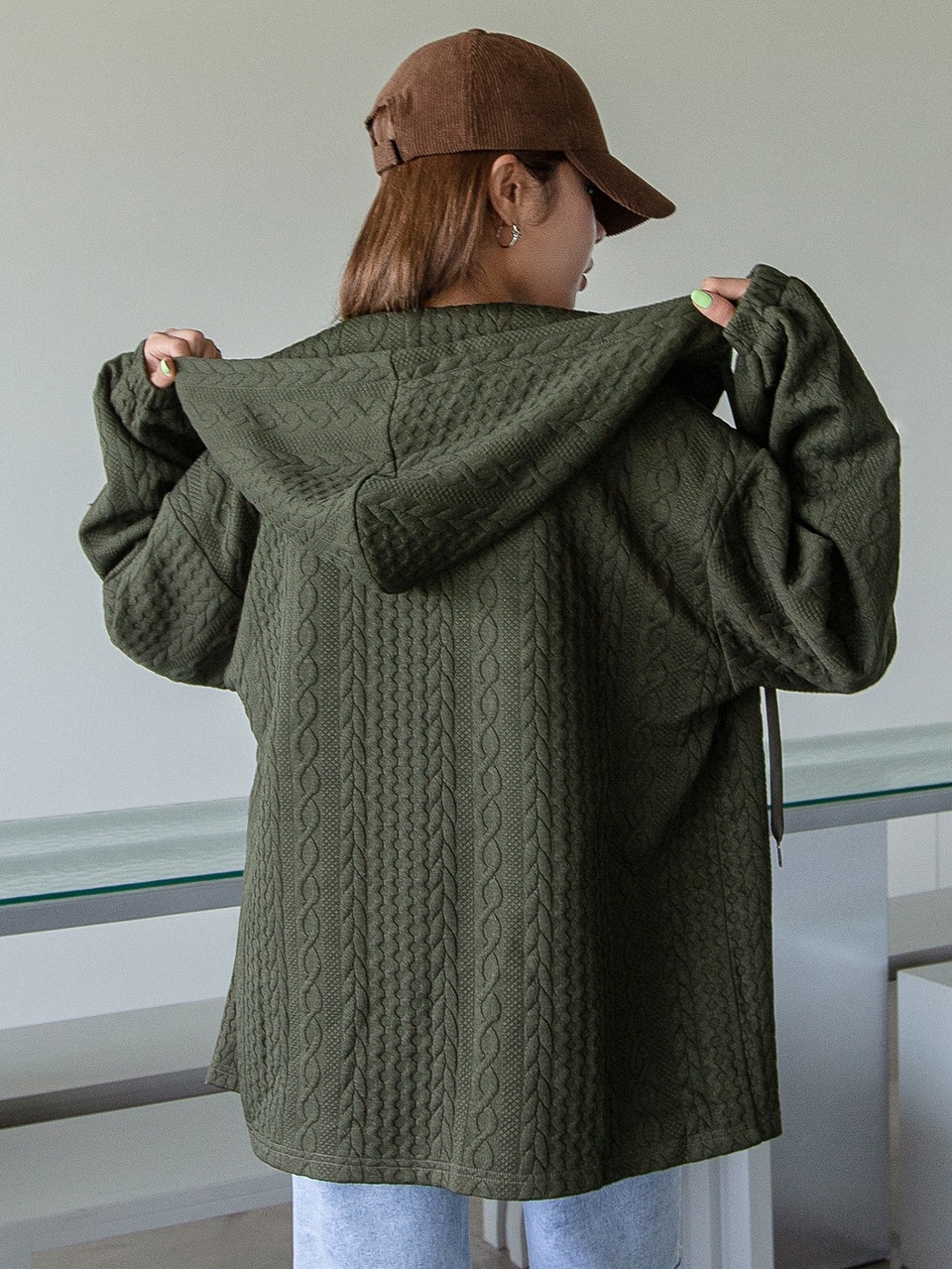 Solid Drop Shoulder Zip Up Hoodie