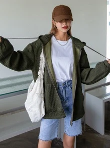 DAZY Solid Drop Shoulder Zip Up Hoodie - Army Green - View 8