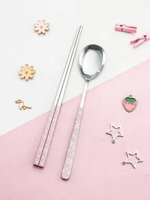 1 件花卉图案不锈钢勺子和 1 双筷子，厨房，圣诞礼物，学校用品 - 彩色 - 查看 1