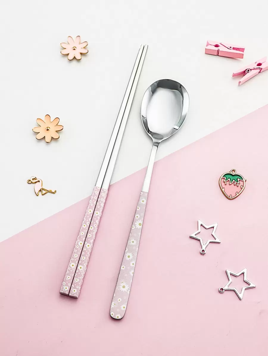 1 件花卉图案不锈钢勺子和 1 双筷子，厨房，圣诞礼物，学校用品 - 彩色 - 查看 1