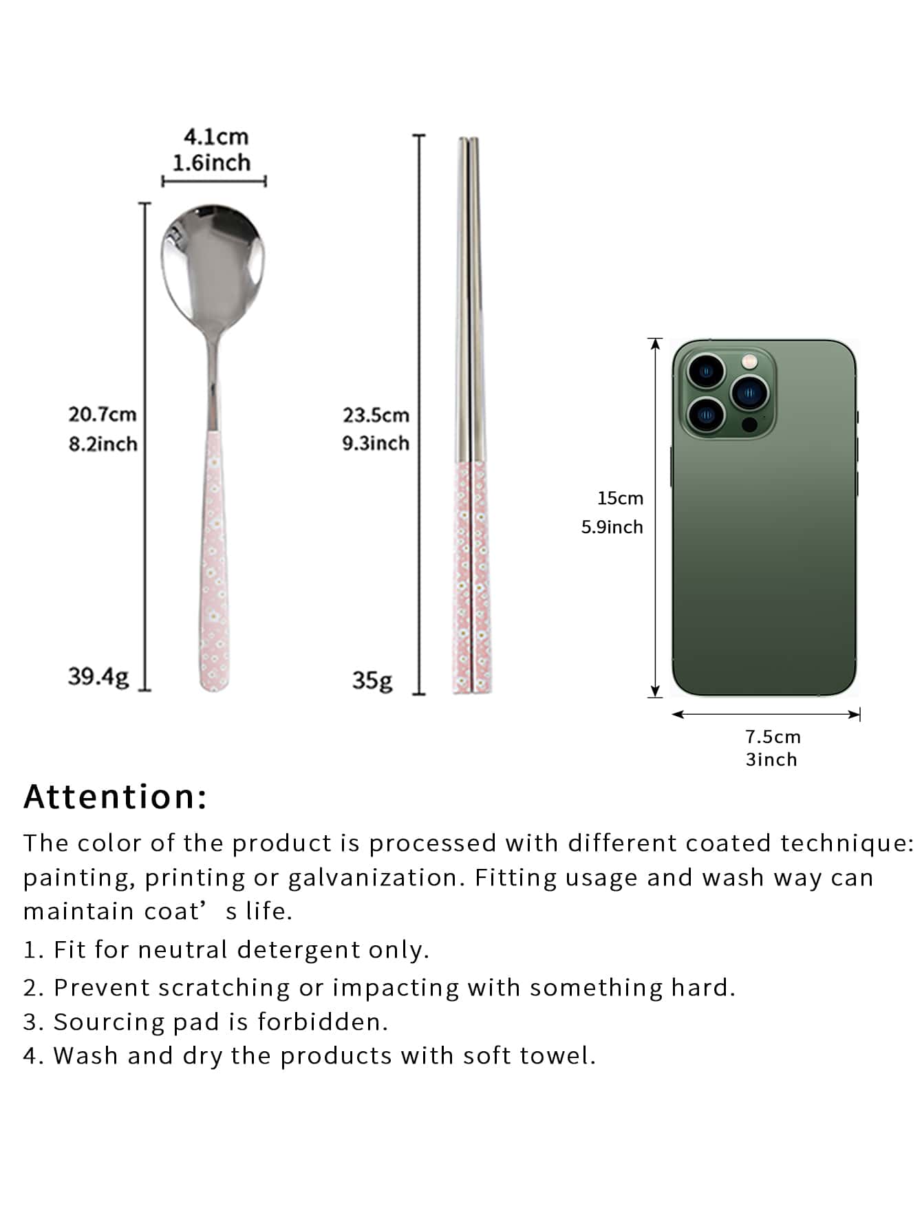1pc Flower Pattern Stainless Steel Spoon & 1pair Chopsticks,Kitchen,Christmas Gift,School Supplies