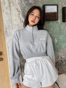 DAZY Half Zip Patch Detail Drop Shoulder Crop Sweatshirt - Light Grey - View 6