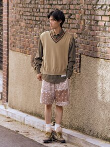 Manfinity RebelGame 1 Miếng Lỏng lẻo Nam Áo len vest Với Sọc trang trí - Lạc đà - Xem 4