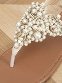 Dép xỏ ngón quai hậu đính đá và ngọc trai giả cho nữ, dép đế bằng thời trang mùa hè, dép lê. - Màu be - Xem 3