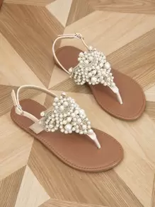 Dép xỏ ngón quai hậu đính đá và ngọc trai giả cho nữ, dép đế bằng thời trang mùa hè, dép lê. - Màu be - Xem 5