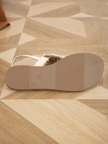 Dép xỏ ngón quai hậu đính đá và ngọc trai giả cho nữ, dép đế bằng thời trang mùa hè, dép lê. - Màu be - Xem 6