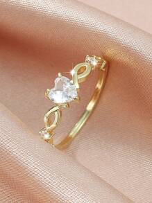 Cubic Zirconia Heart Decor Ring - Yellow Gold - View 1