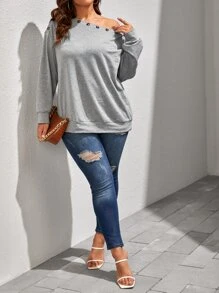 SHEIN LUNE 大碼斜領紐扣細節運動衫 - 淺灰色 - 查看 4